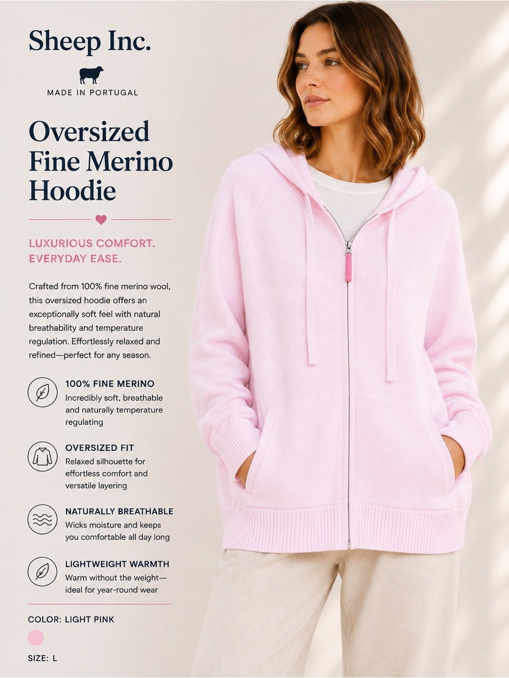 Oversized Zip-Up Fine Merino Hoodie - Light Pink